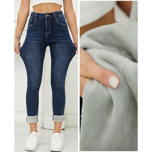 Women's Fleece Lined Thermal Skinny Jeans Denim Pants for Winter Outfits - Picture 3 of 6